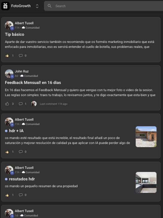 El feed — captura real de la comunidad FotoGrowth en Skool